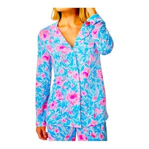 Lilly Pulitzer PJ Knit Top Sz L My Little Peony Bondi Blue Long Sleeve